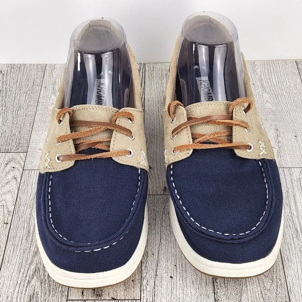 Khombu Womens Boat Shoe Sz 9.5 Tan Navy Sporty Summer Boating Sailing Deck Shoe